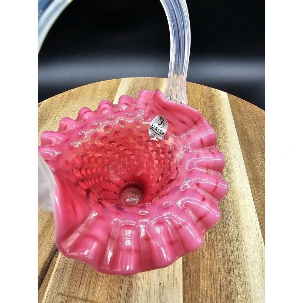 Fenton Cranberry Pink Opalescent Hobnail‎ Basket Clear Handle 6